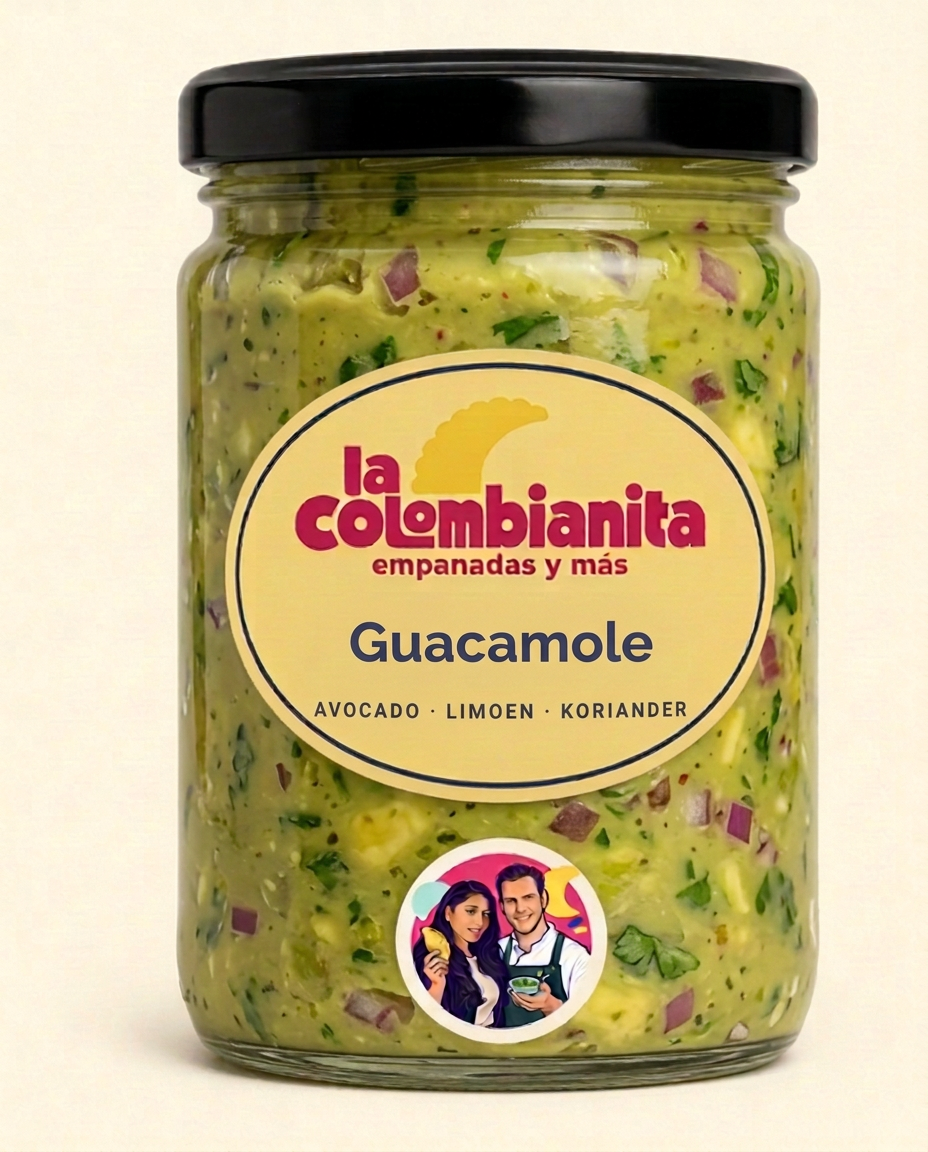 Glazen potje verse guacamole van La Colombianita met geel label, logo en productnaam