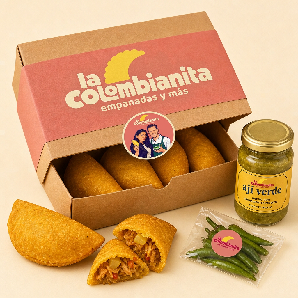 Half geopende kraft diepvriesdoos van La Colombianita met guava banderol, logo en empanadas, met een potje Ají verde ernaast