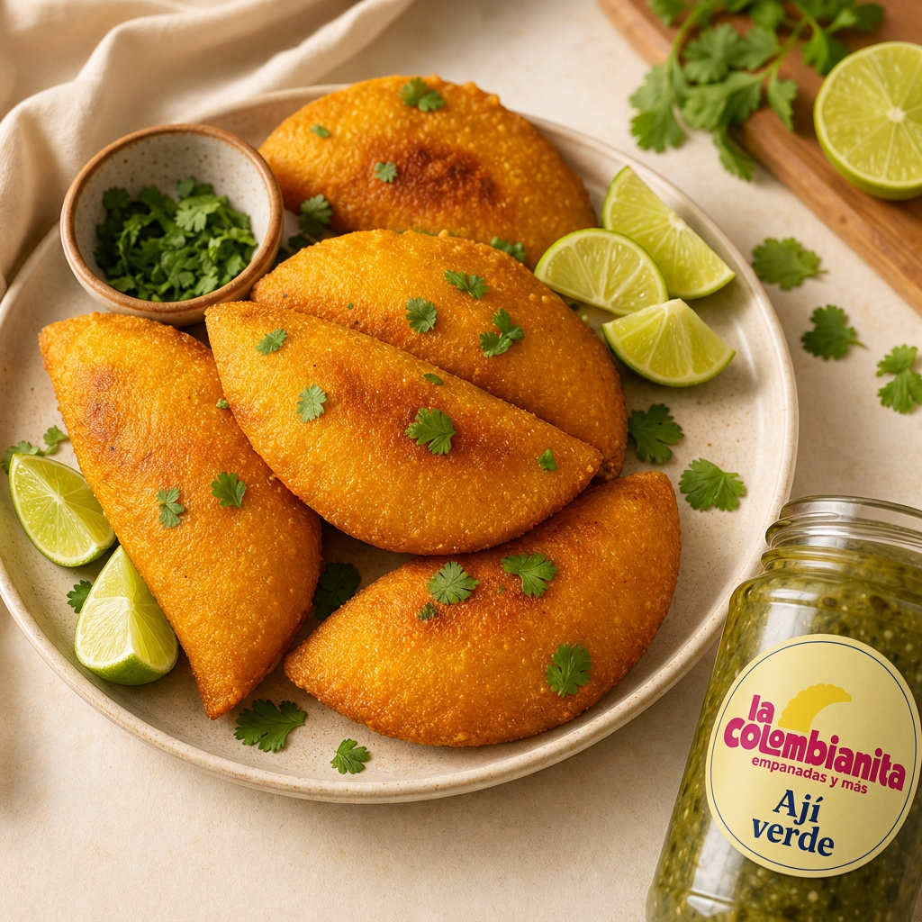 Goudgele Colombiaanse maïsempanadas met limoen, koriander en een potje Ají verde van La Colombianita